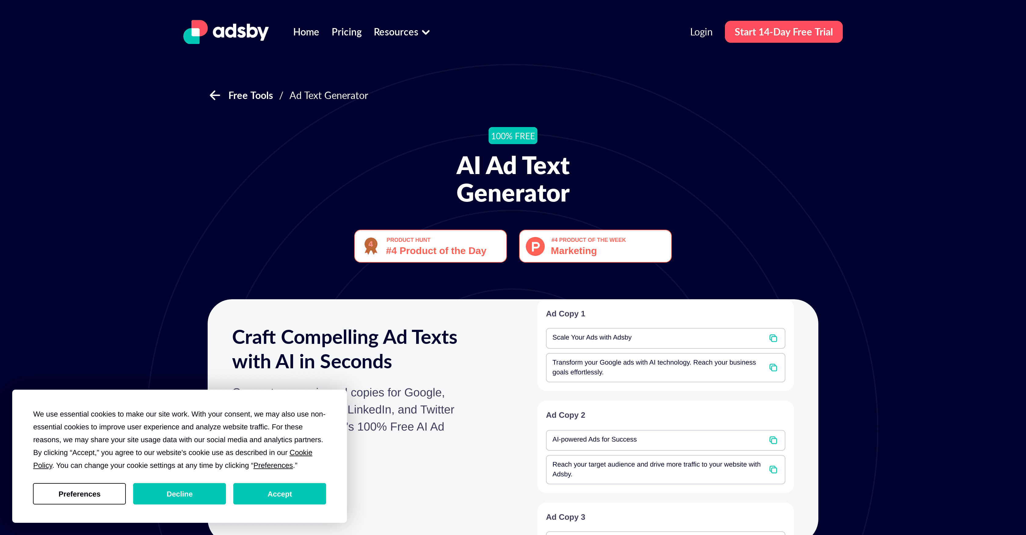 Adsby's Free AI Ad Text Generator screenshot