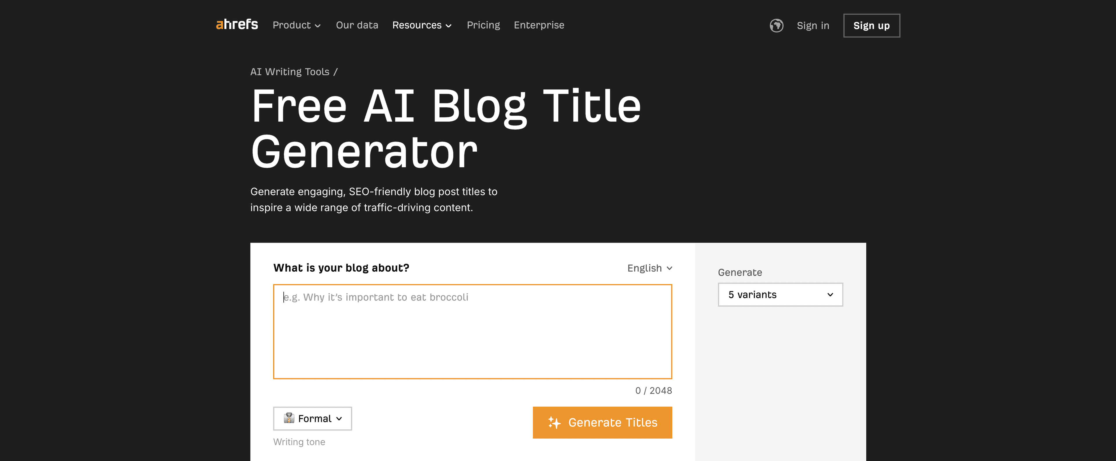 Ahrefs AI Blog Title Generator screenshot