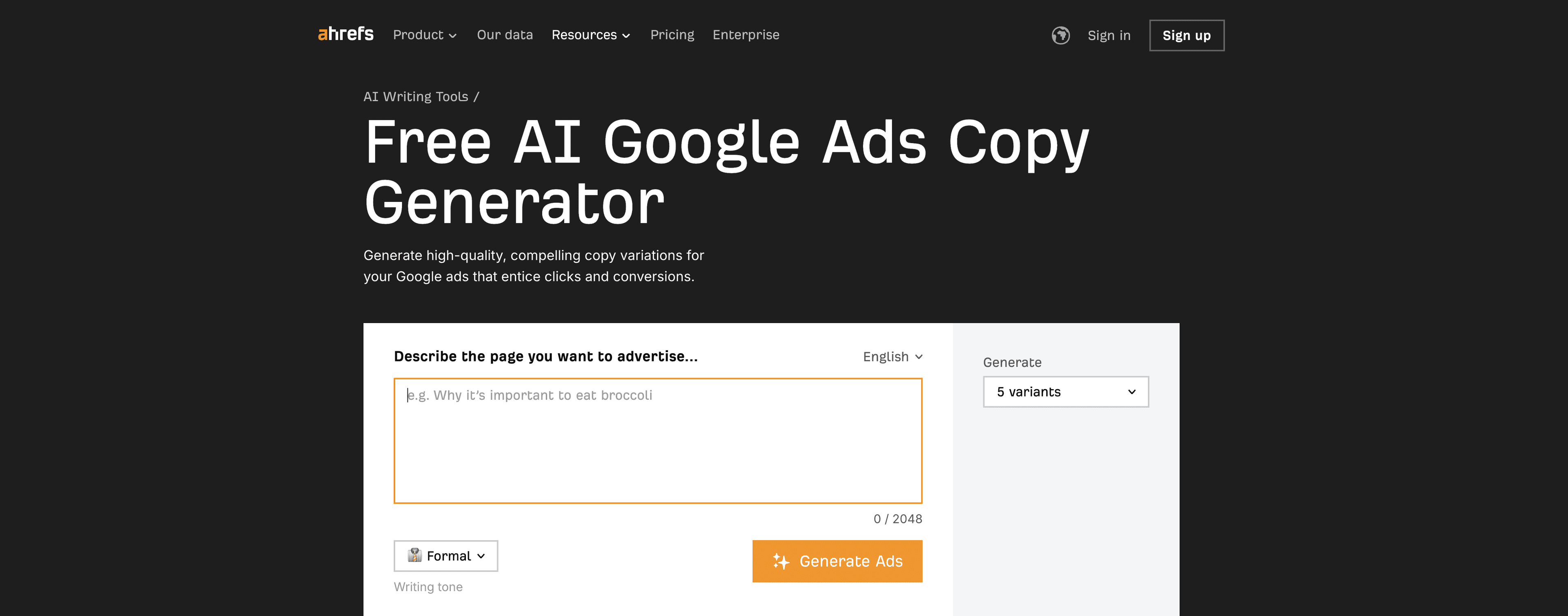 Ahrefs AI Google Ads Copy Generator screenshot