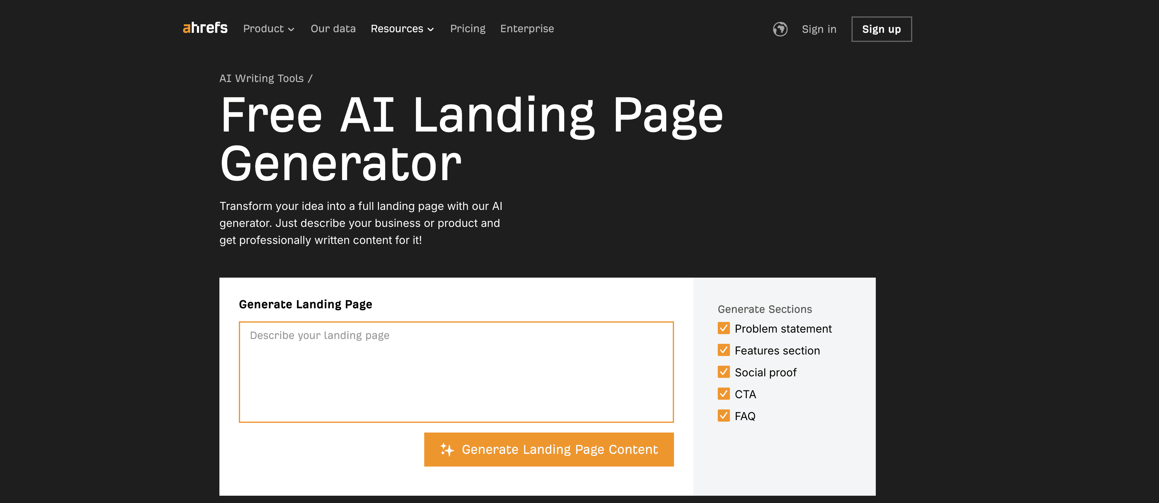 Ahrefs AI Landing Page Generator screenshot