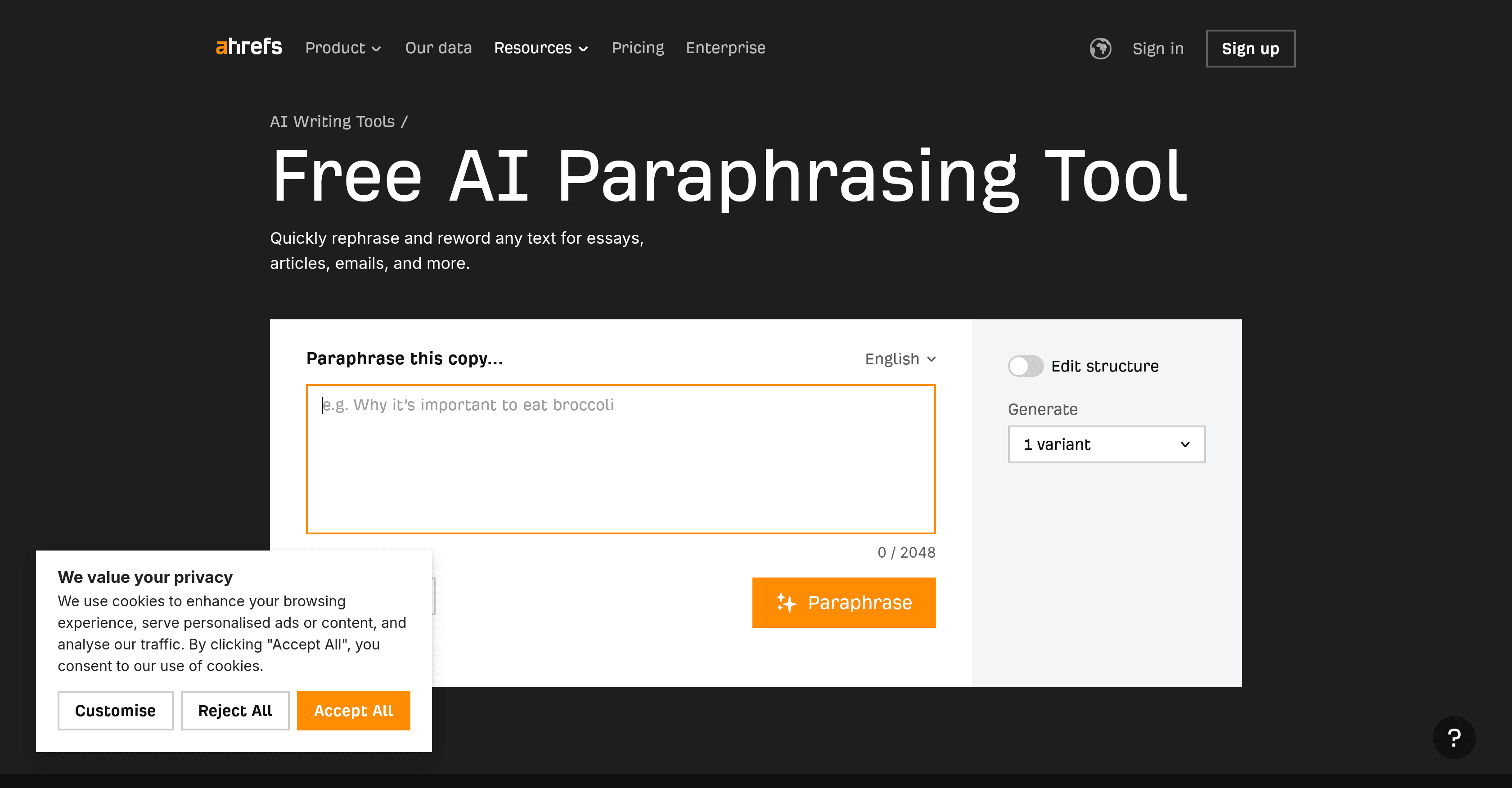Ahrefs AI Paraphrasing Tool screenshot