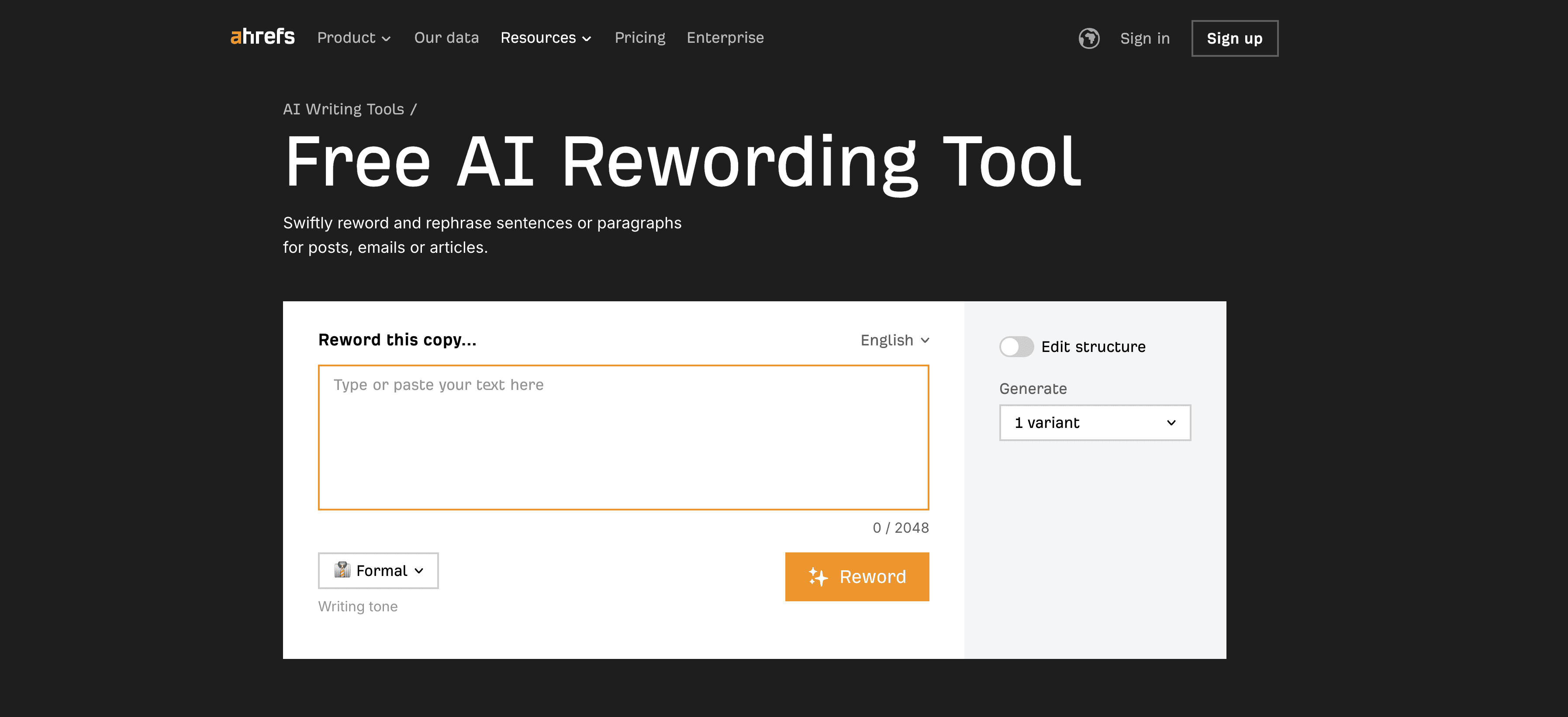 Ahrefs AI Rewording Tool screenshot