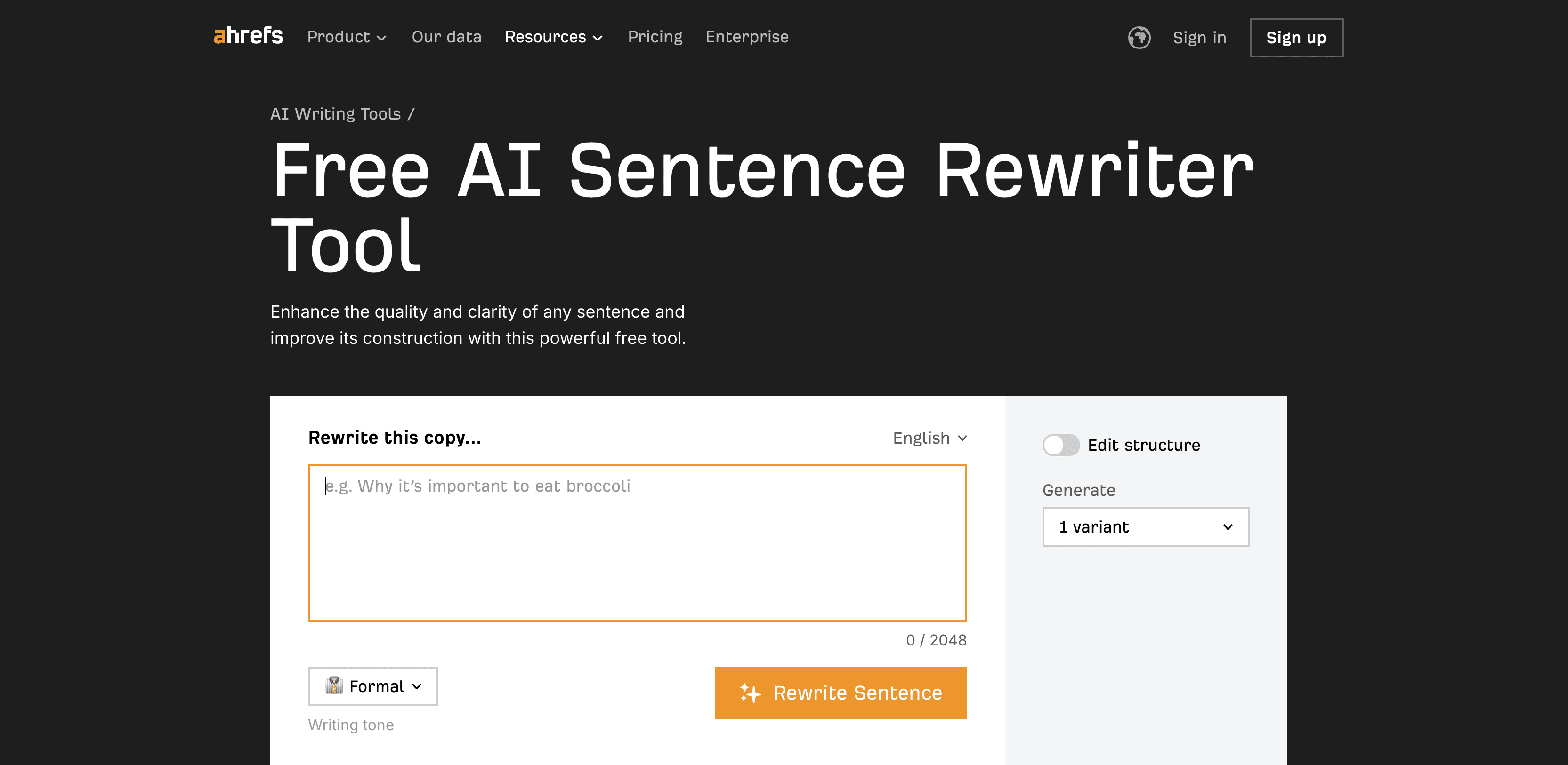 Ahrefs AI Sentence Rewriter Tool screenshot