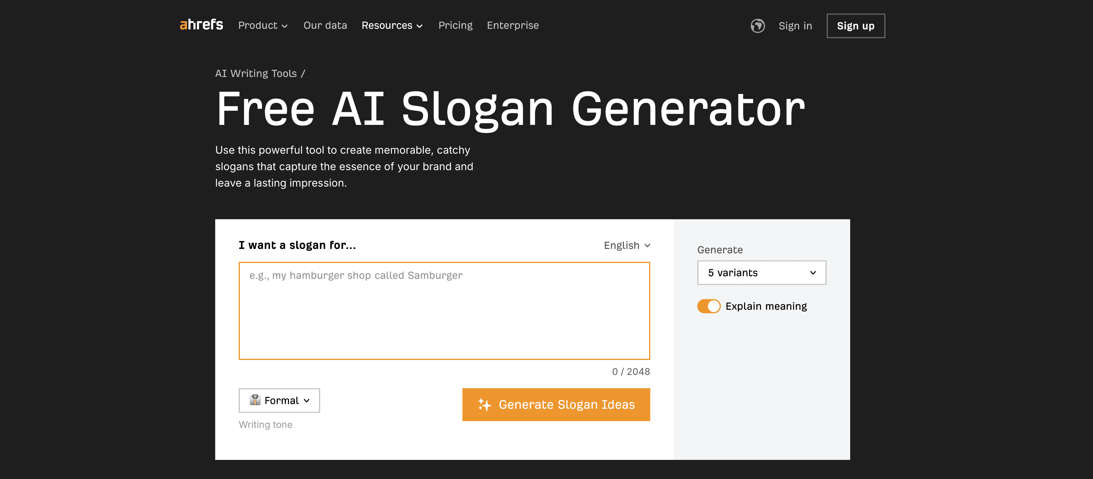 Ahrefs AI Slogan Generator screenshot