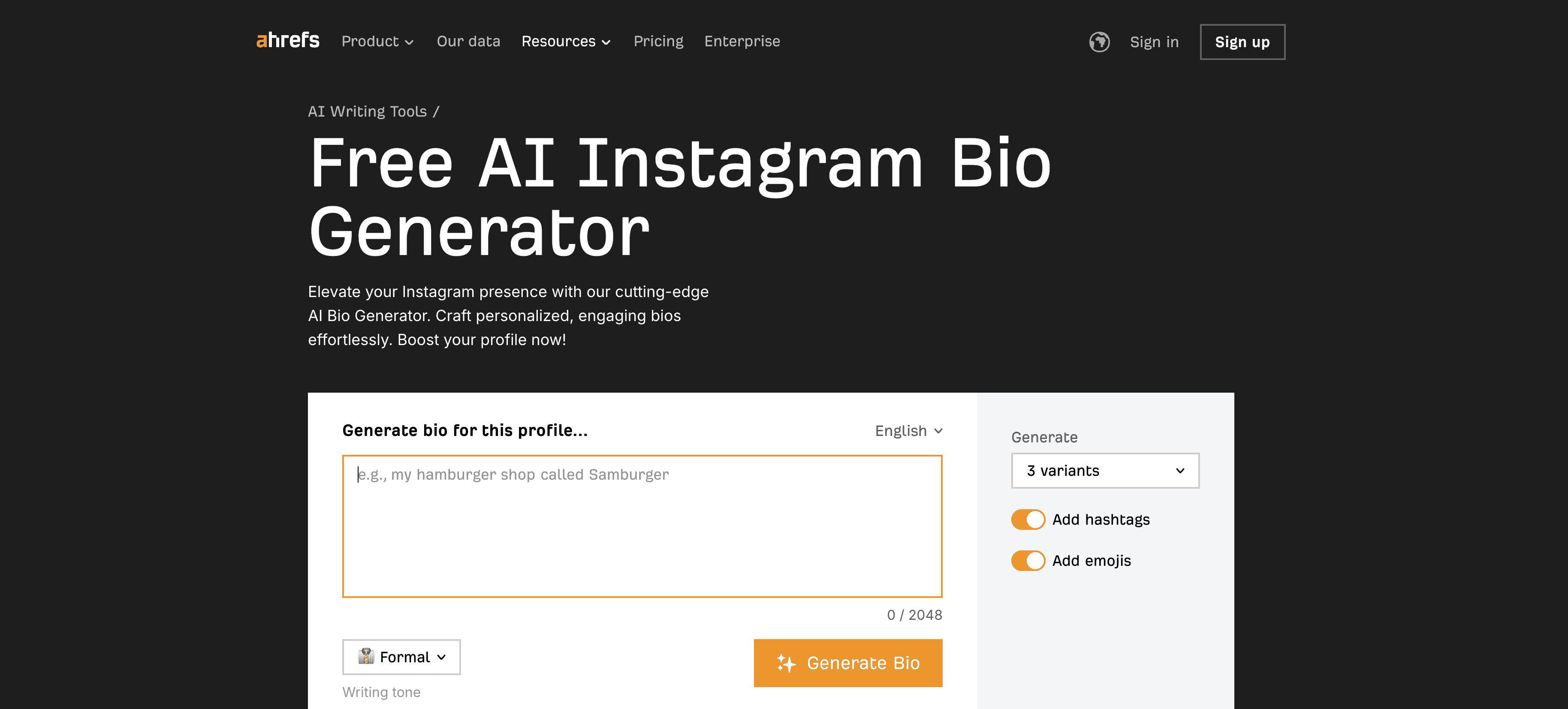Ahrefs Instagram Bio Generator screenshot