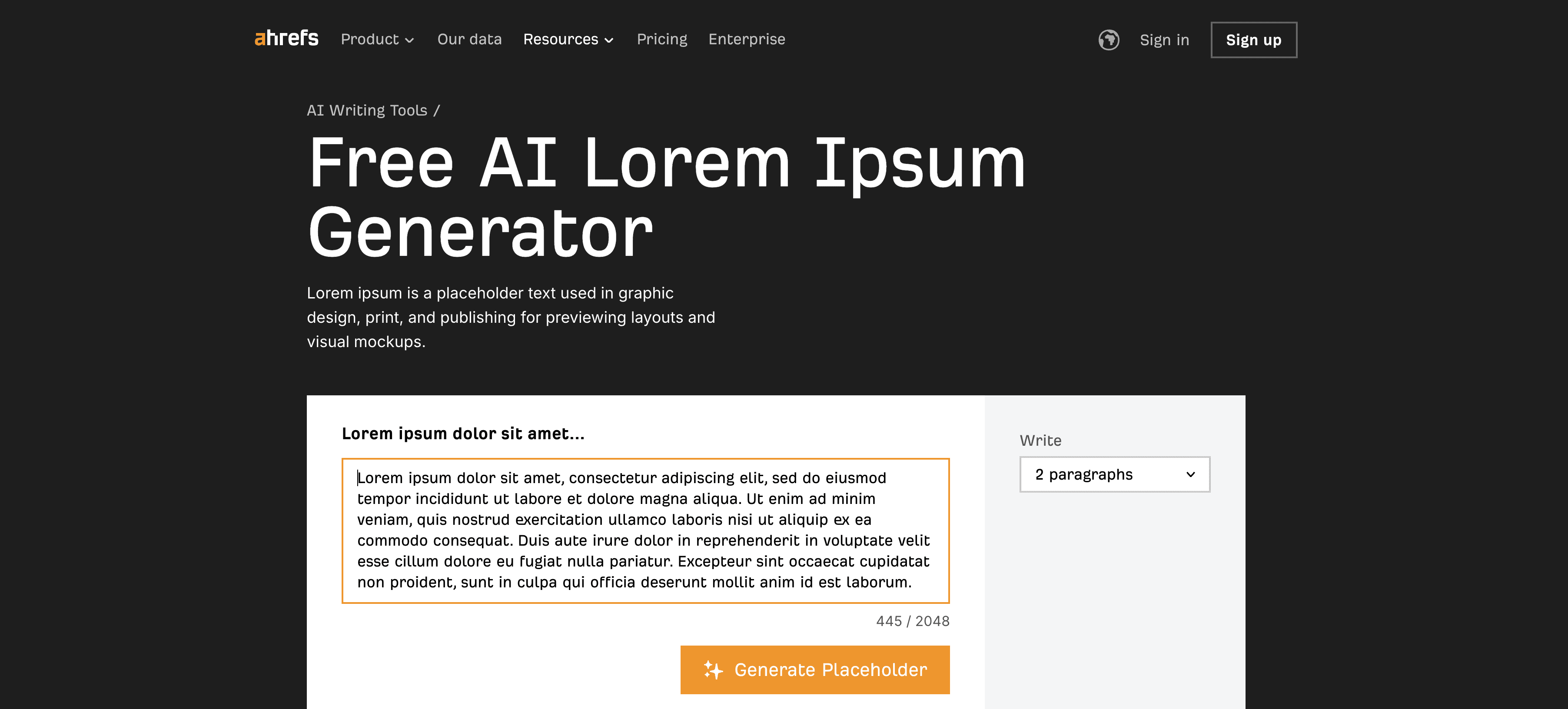 Ahrefs Lorem Ipsum Generator screenshot
