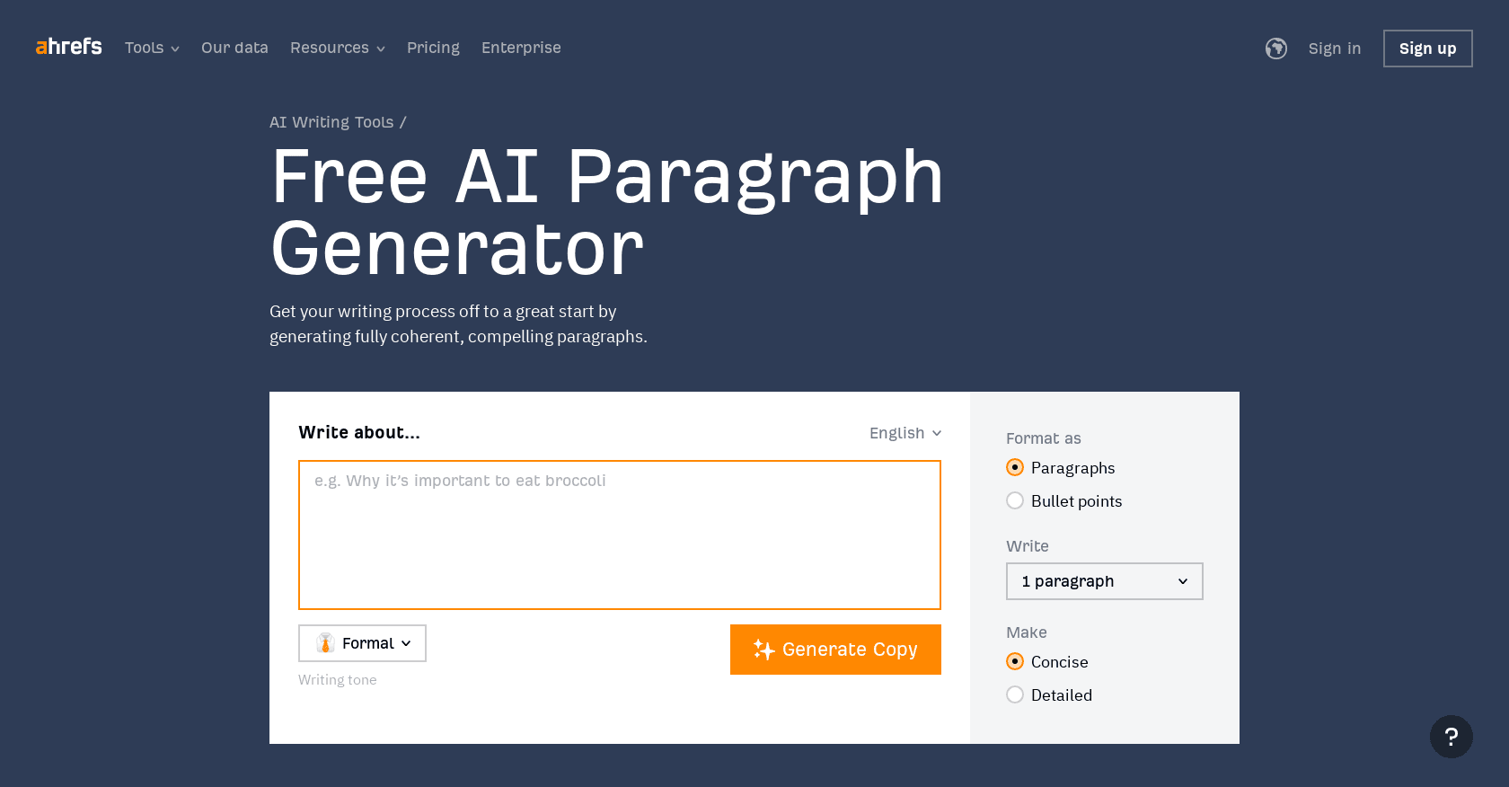 Ahrefs Paragraph Generator screenshot