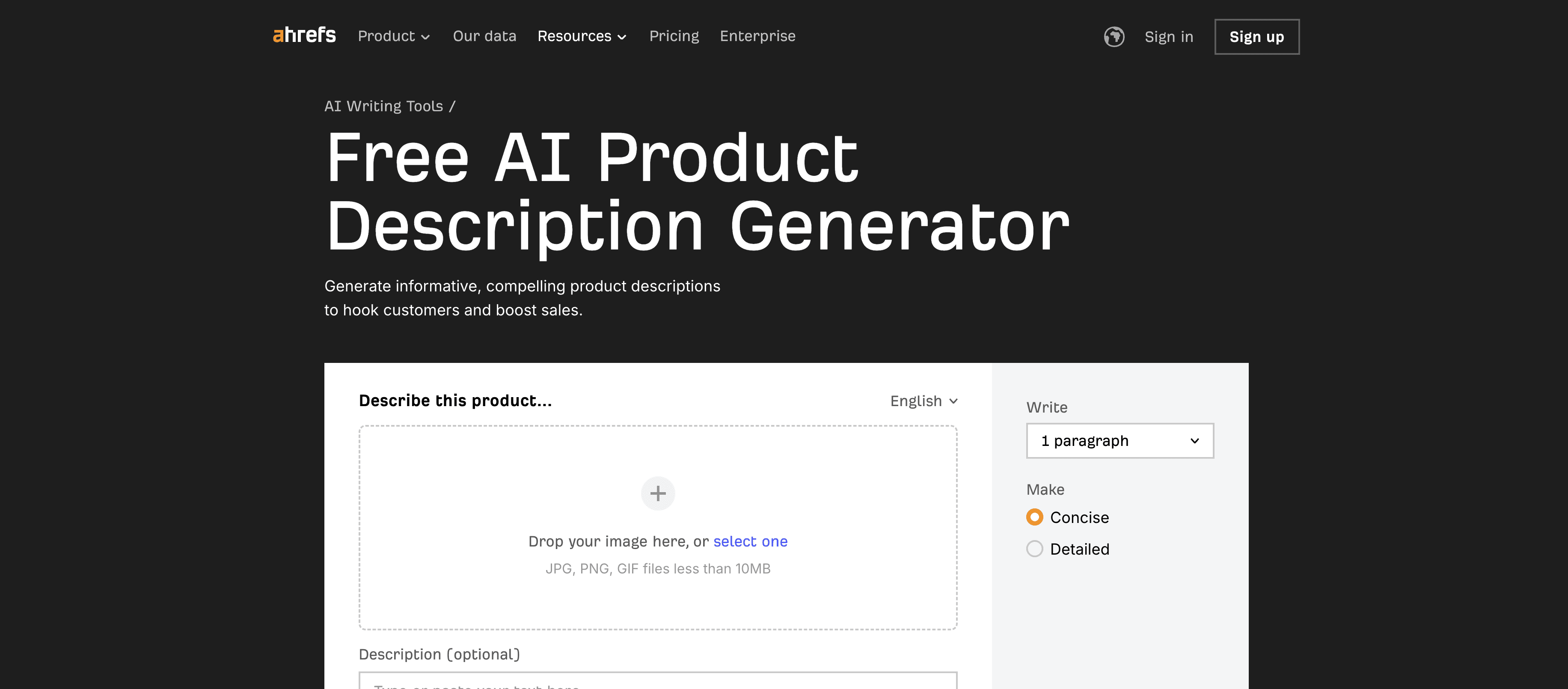 Ahrefs Product Description Generator screenshot
