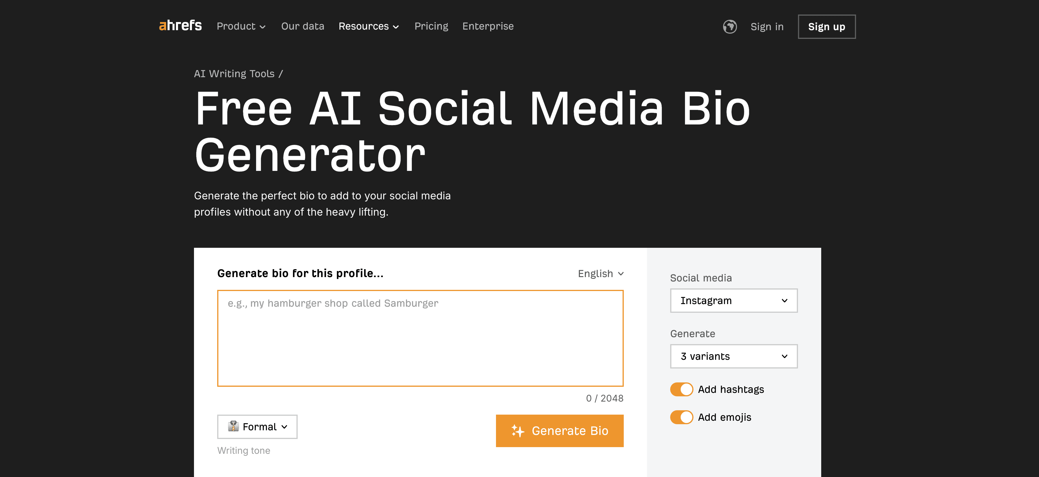 Ahrefs Social Media Bio Generator screenshot