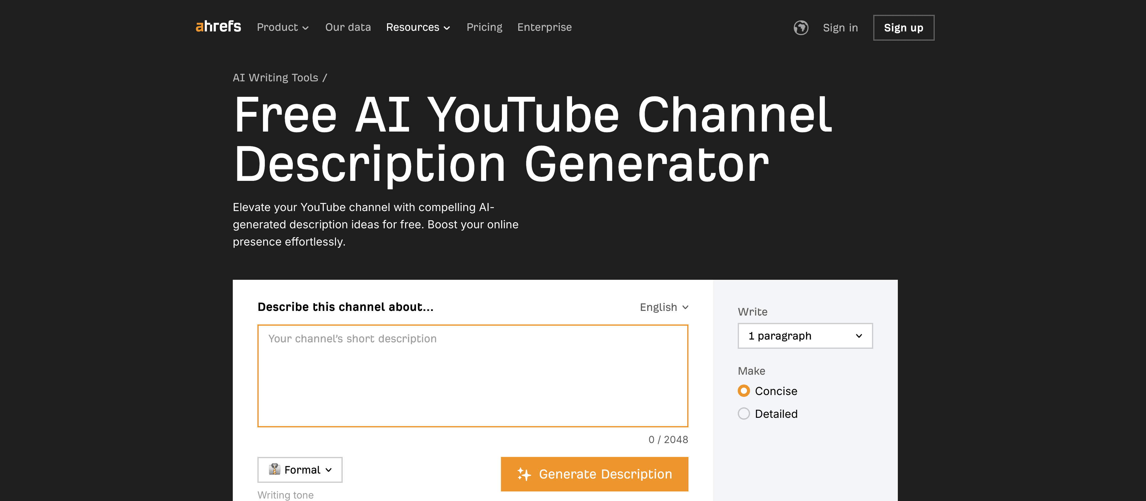 Ahrefs YouTube Channel Description Generator screenshot