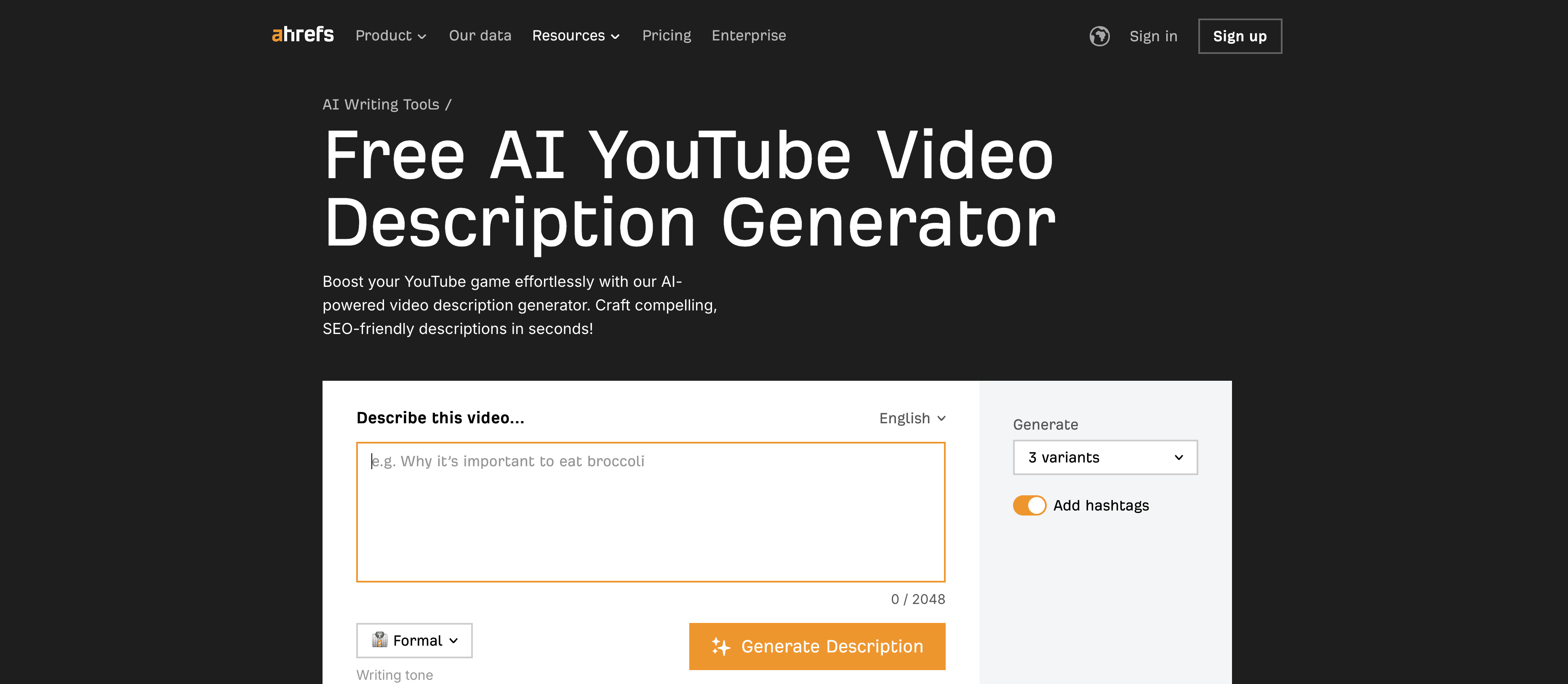 Ahrefs YouTube Video Description Generator screenshot