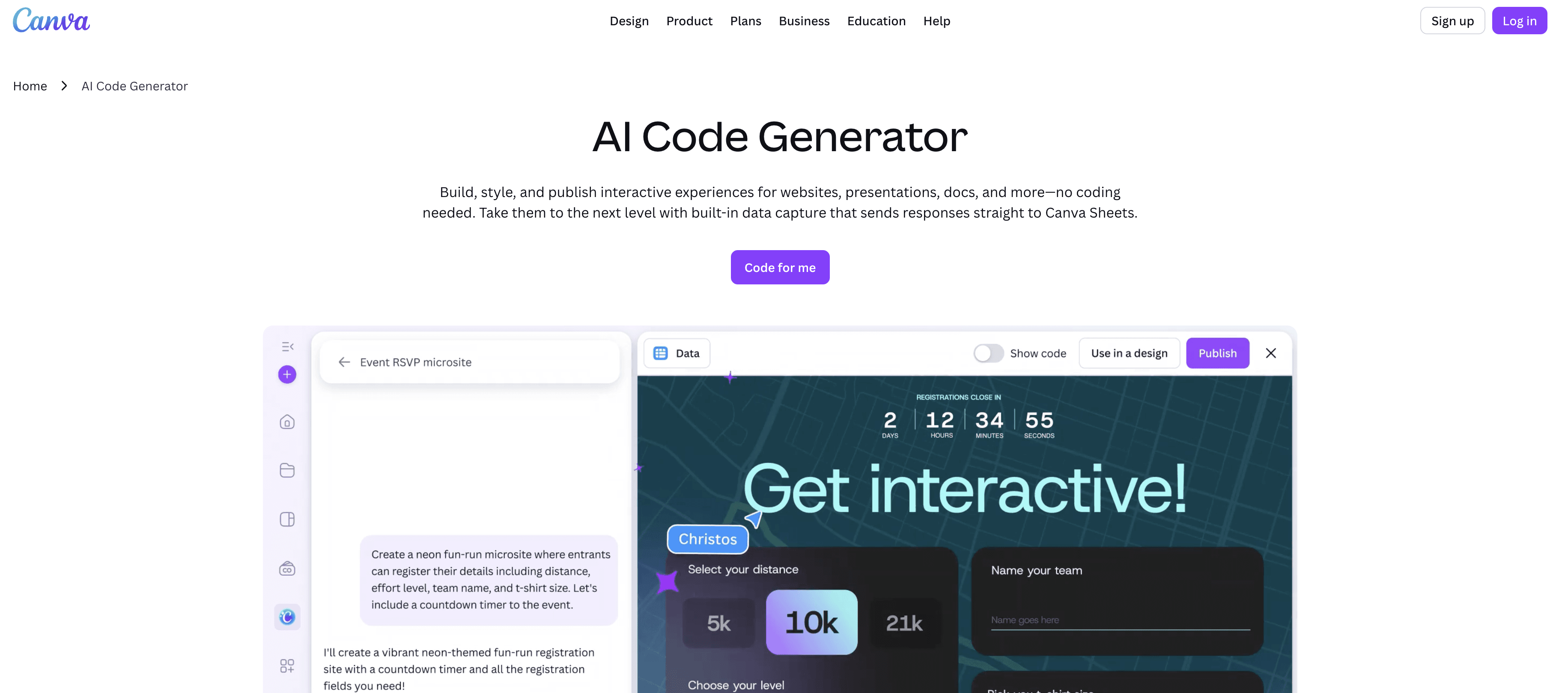Canva AI Code Generator screenshot
