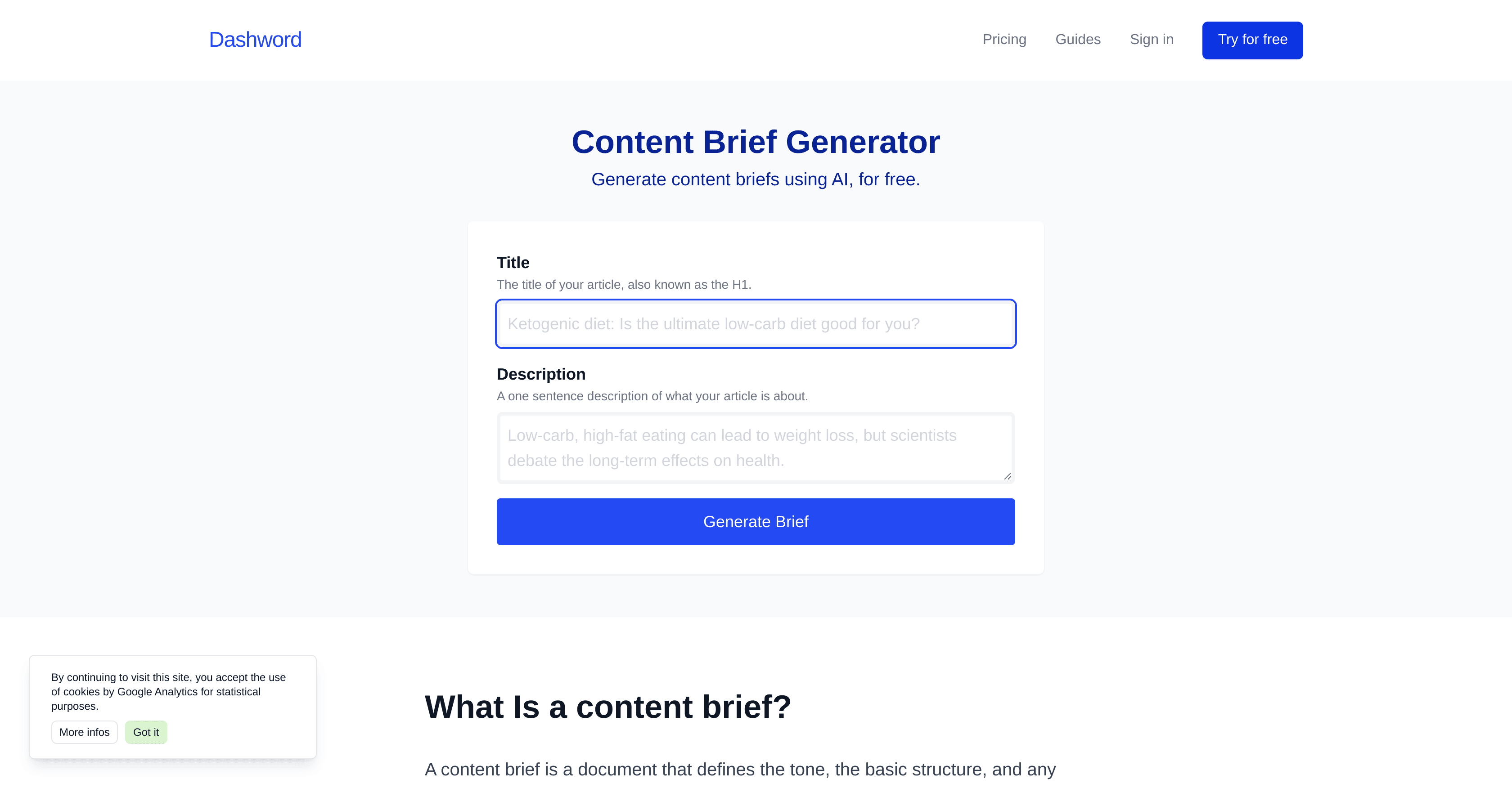 Content brief generator screenshot