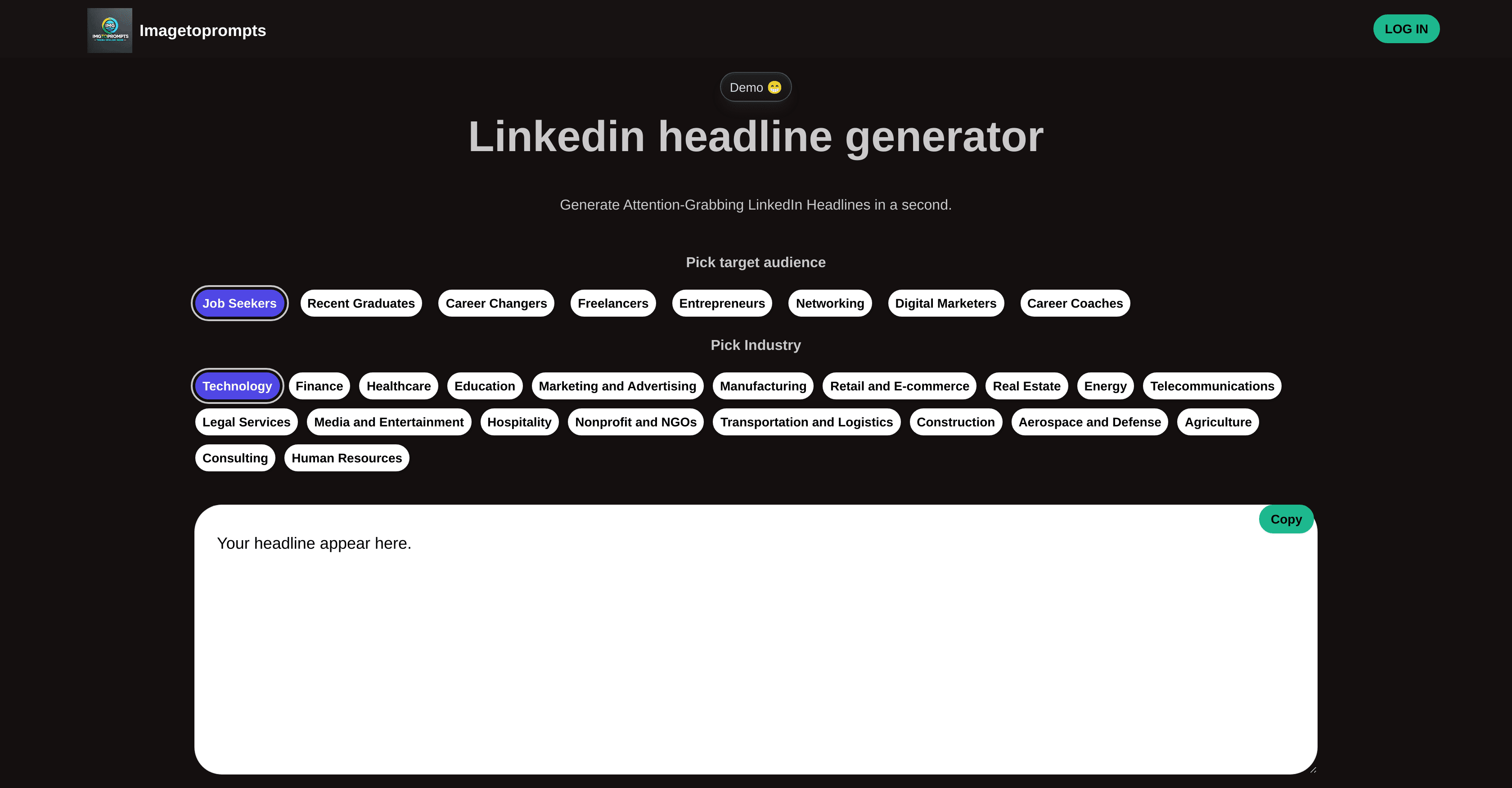 Imagetoprompts LinkedIn Headline Generator screenshot