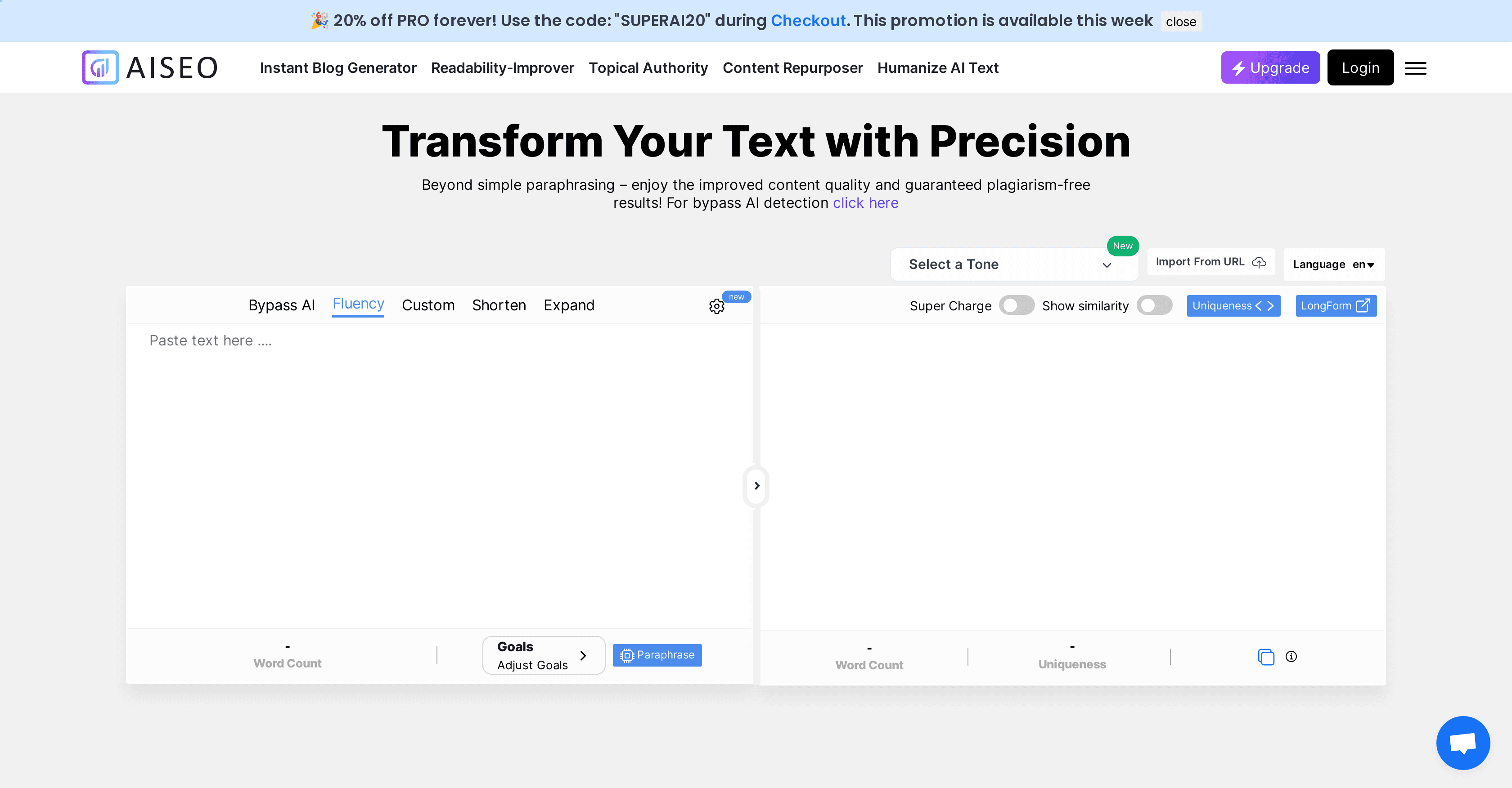 AISEO Free Paraphrasing Tool screenshot