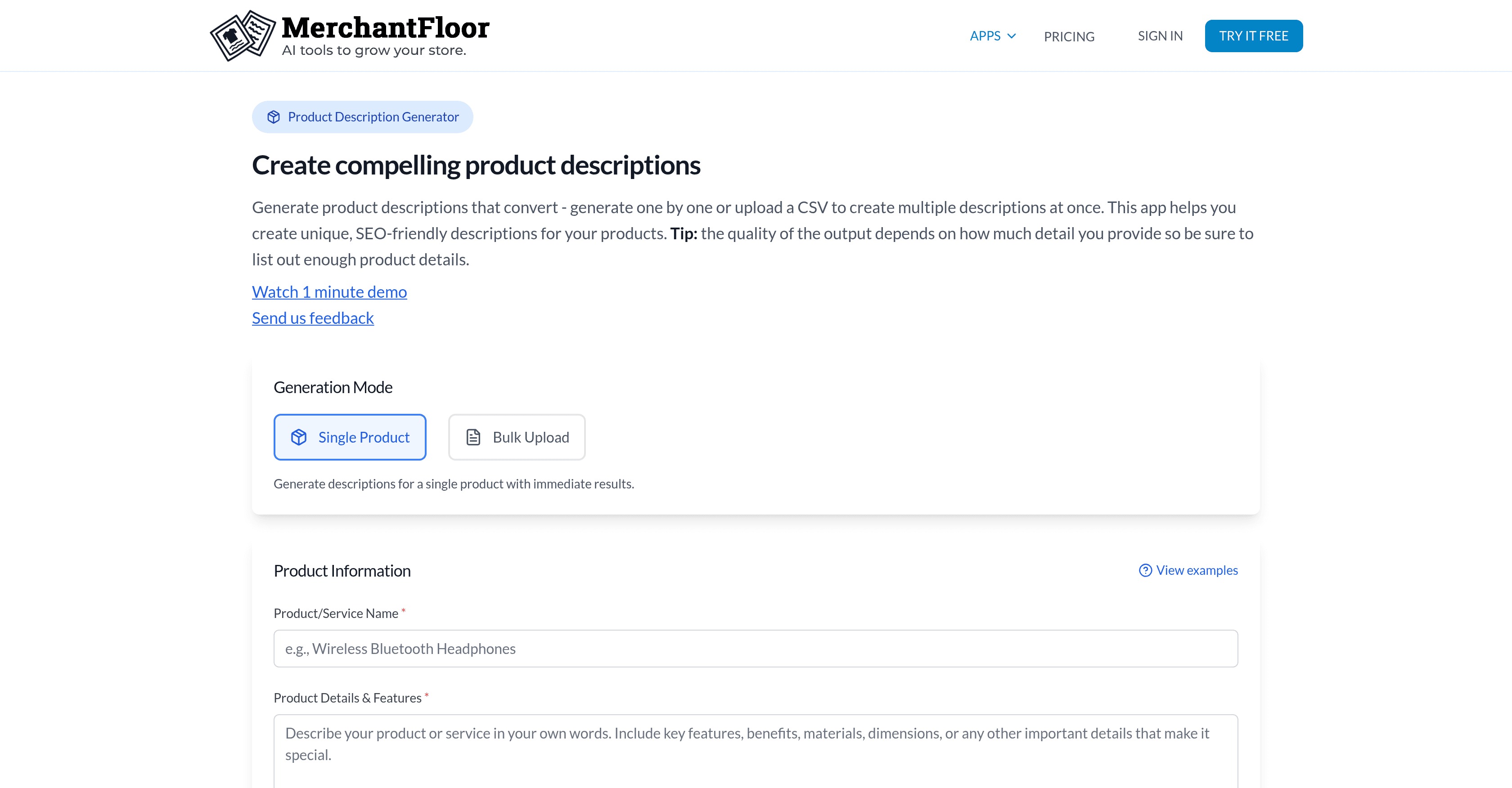 Merchant Floor | Product Descriptions screenshot