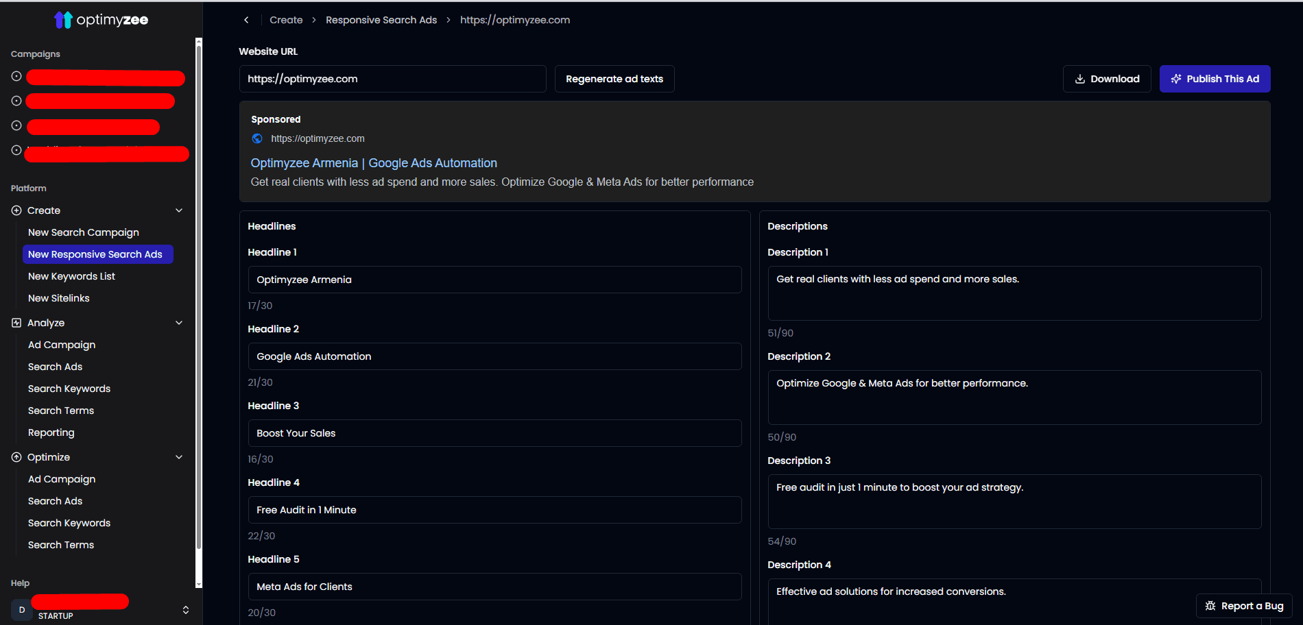 Optimyzee: AI-Powered Google Ads Optimization Tool screenshot