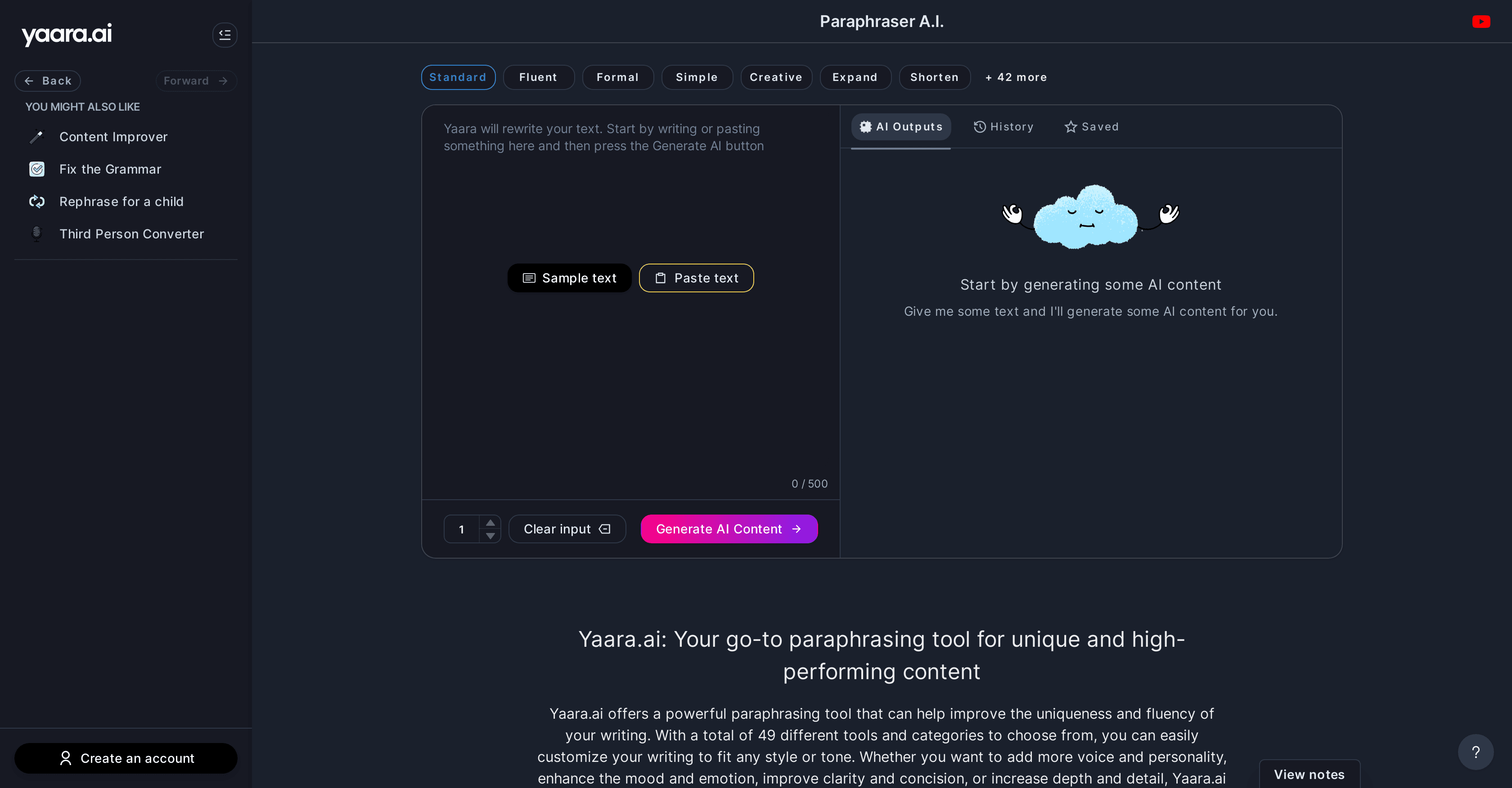 Yaara AI Paraphrasing Tool screenshot