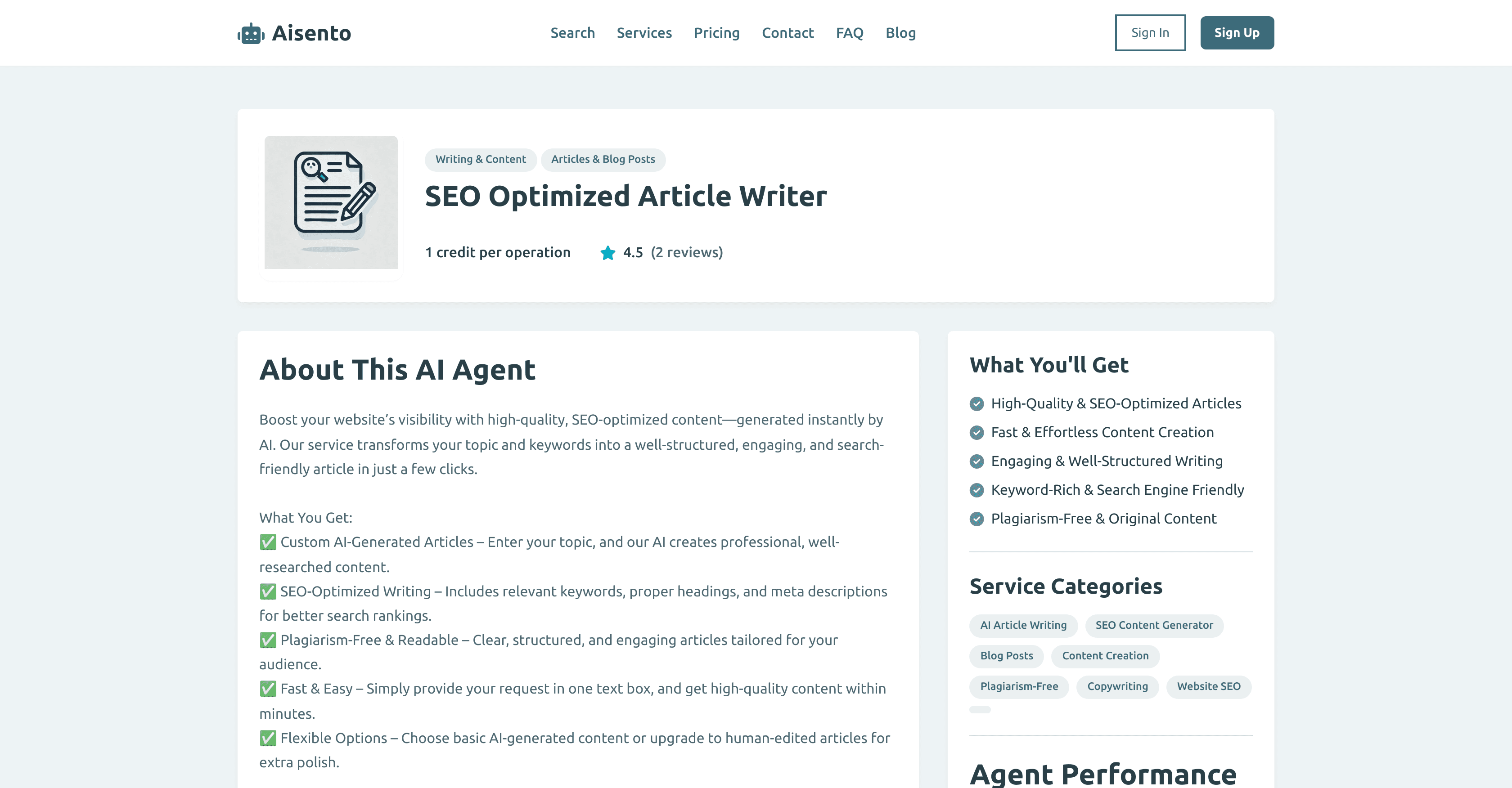 SEO Optimized Article Writer - Aisento screenshot