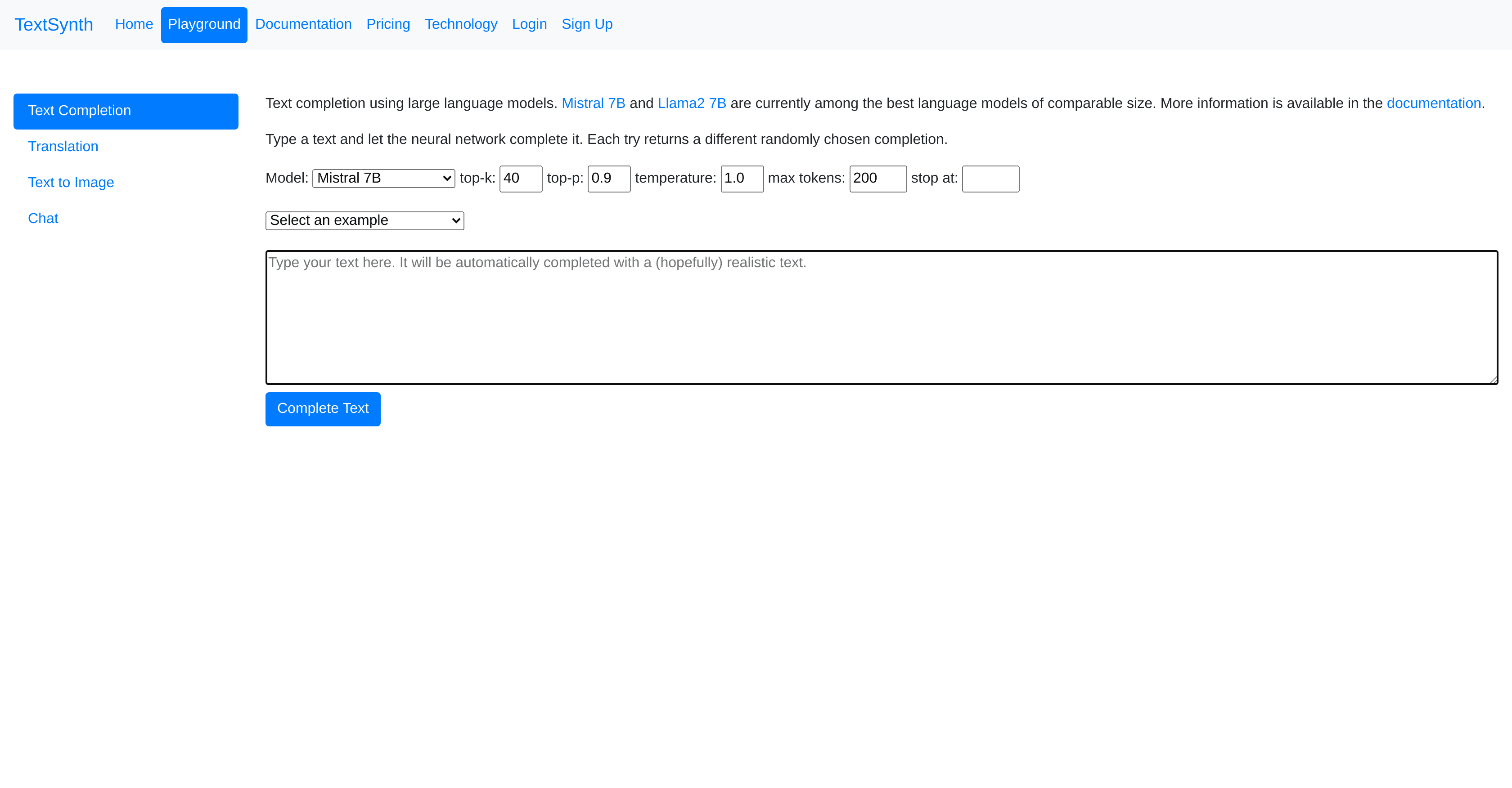 TextSynth Text Completion screenshot