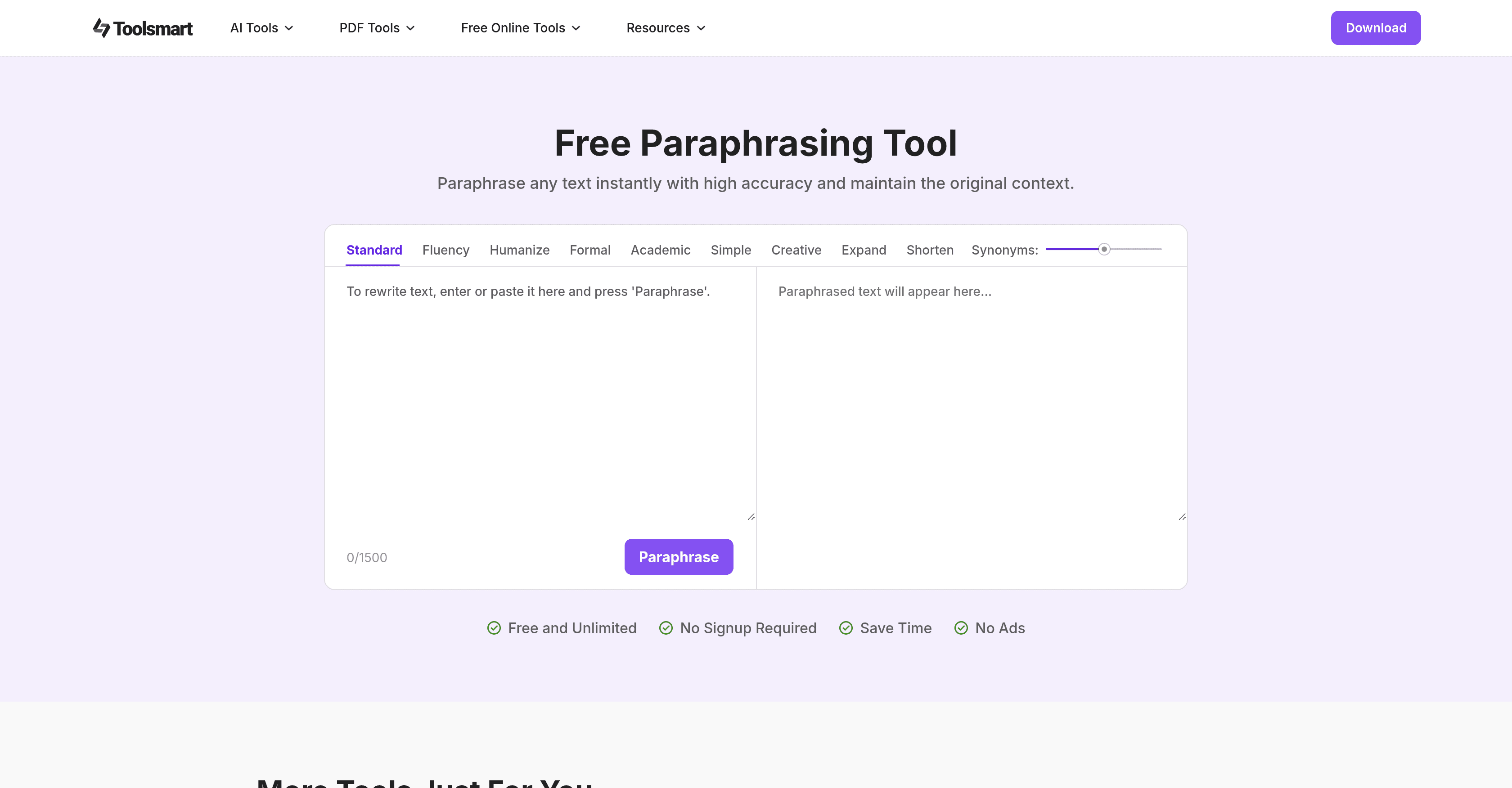 ToolSmart Free Paraphrasing Tool screenshot