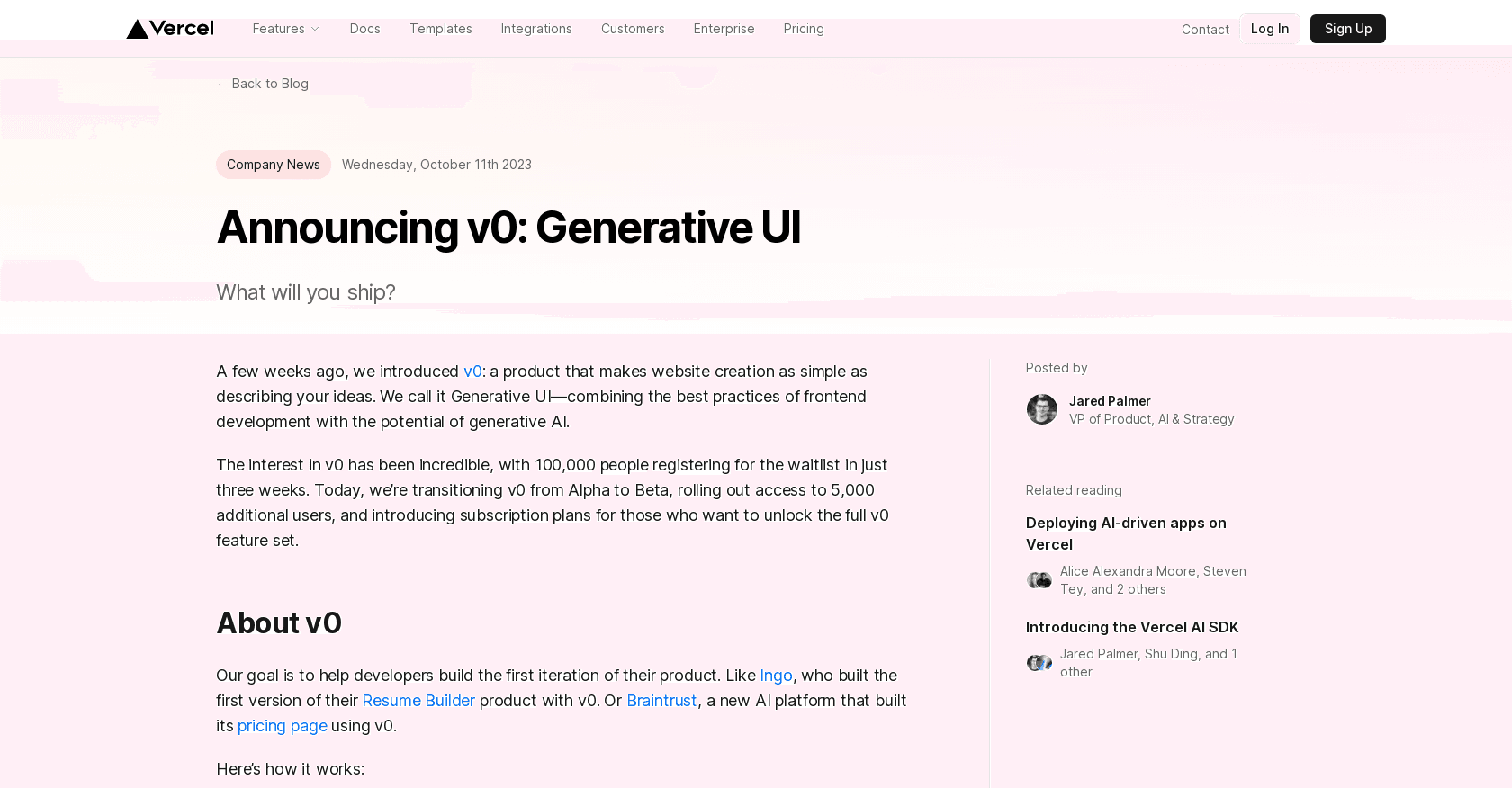 V0 Generative UI screenshot