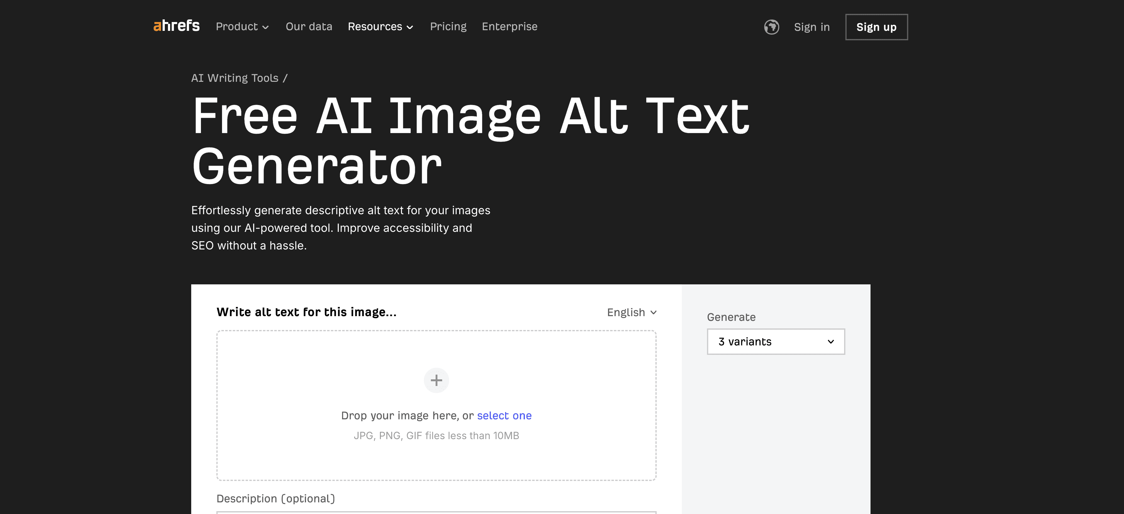 Ahrefs AI Image Alt Text Generator screenshot